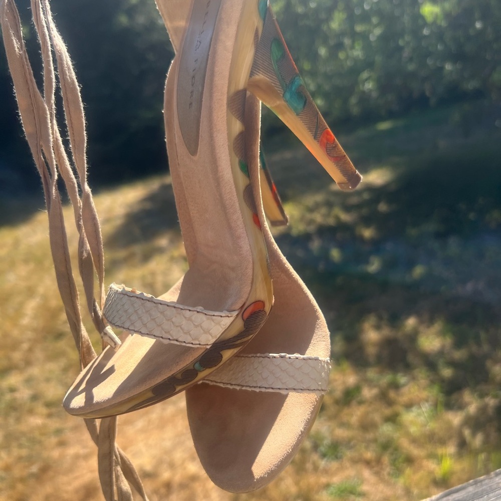 Isabella Fiore Beige Sandal Heels with Multicolor Dot Accents